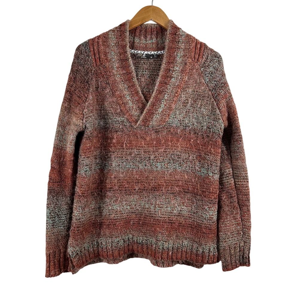 Prana Women's Pullover Sweater Orange Wool Blend V Neck Fuzzy Knit Size M